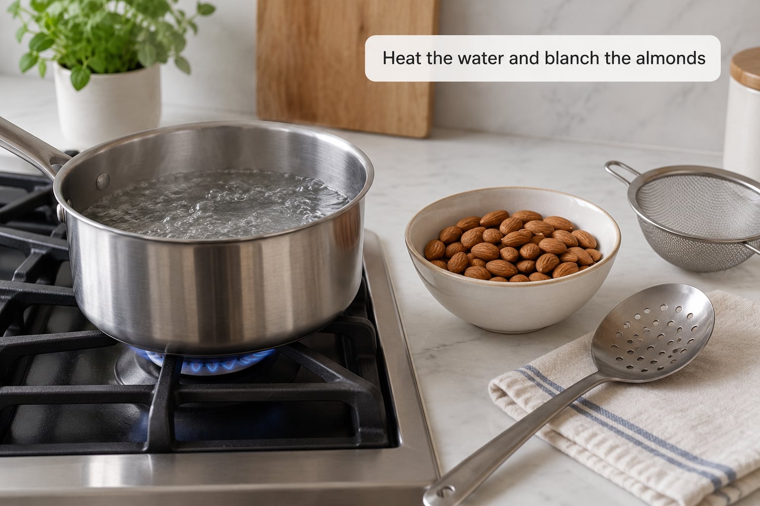 Heat the water and blanch the almonds