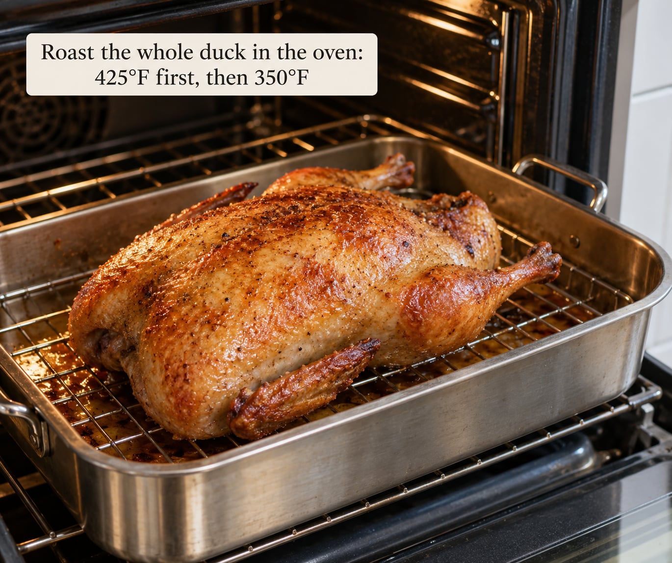 Roast the whole duck in the oven: 425°F first, then 350°F