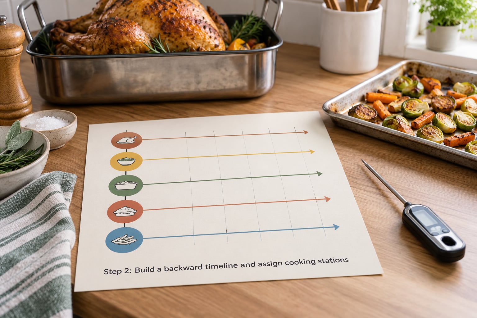 Step 2: Build a backward timeline and assign cooking stations